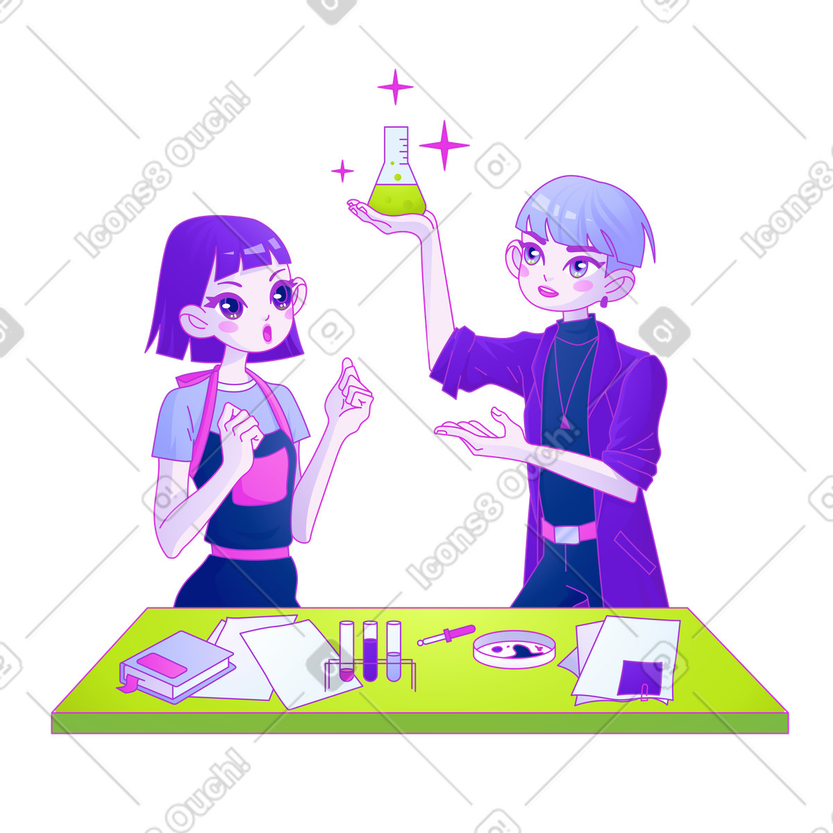 下载 Experimental 风格的 男孩和女孩进行实验并创造一种新物质 插画，支持 PNG、SVG 格式