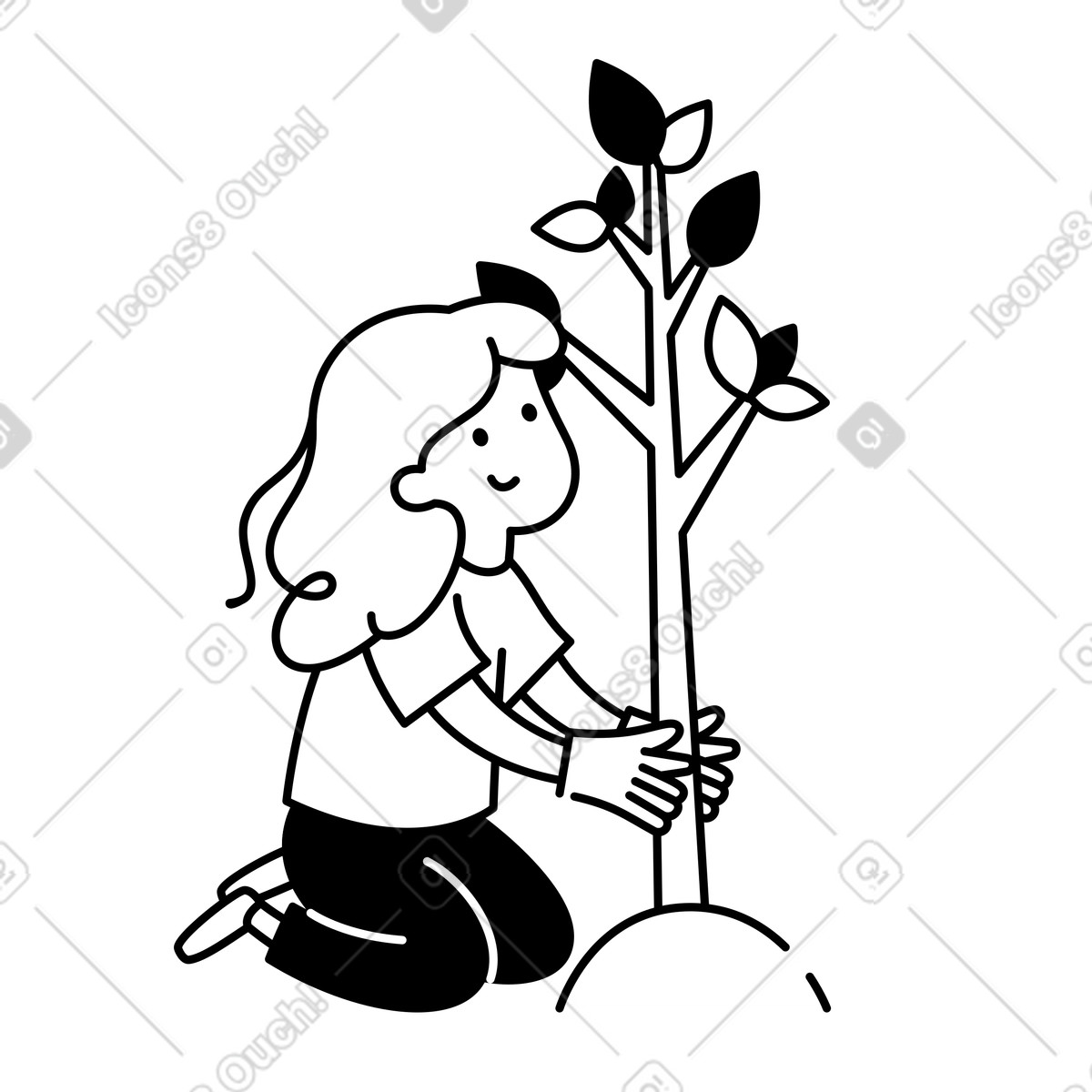 Illustration Tree planting girl kneeling with gloves holding young sapling dans le style Notion Line Art à télécharger aux formats PNG, SVG