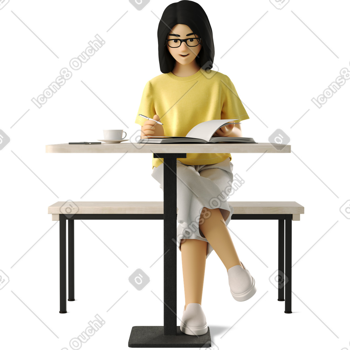 3D Business 스타일의 Young woman working at a bar table 일러스트레이션 PNG, SVG 다운로드