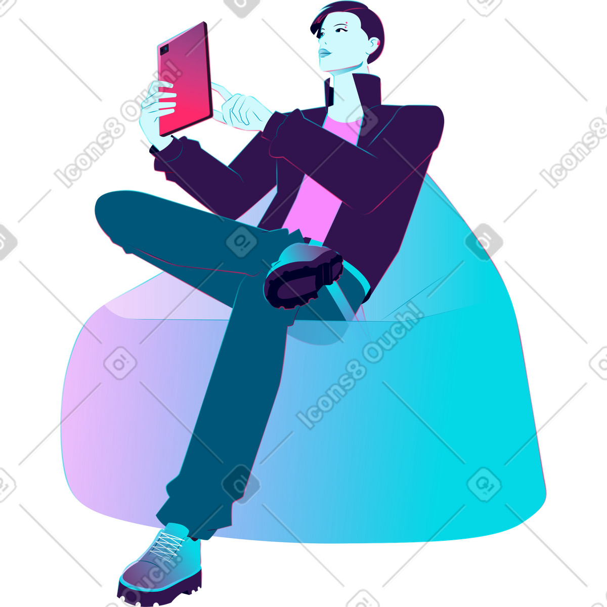 Giovane seduto in un pouf con gadget illustrazione stile Neon scarica PNG, SVG