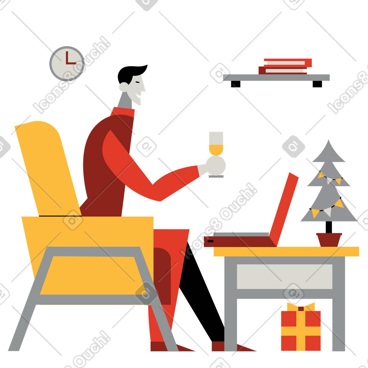 Man celebrating christmas on video call illustration in Burgundy style download in PNG, SVG