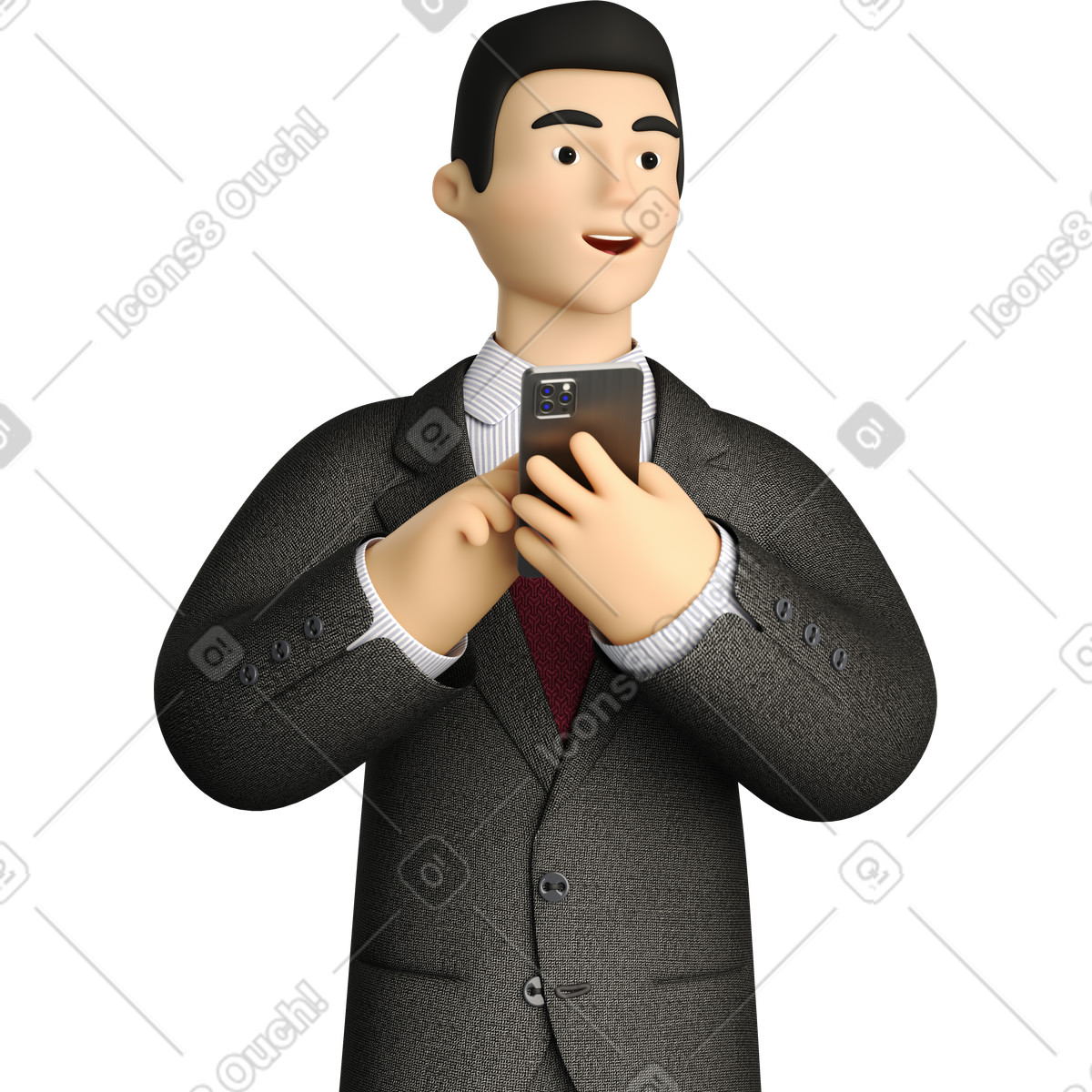 下载 3D Business 风格的 Businessman in black suit with phone looking aside 插画，支持 PNG、SVG 格式