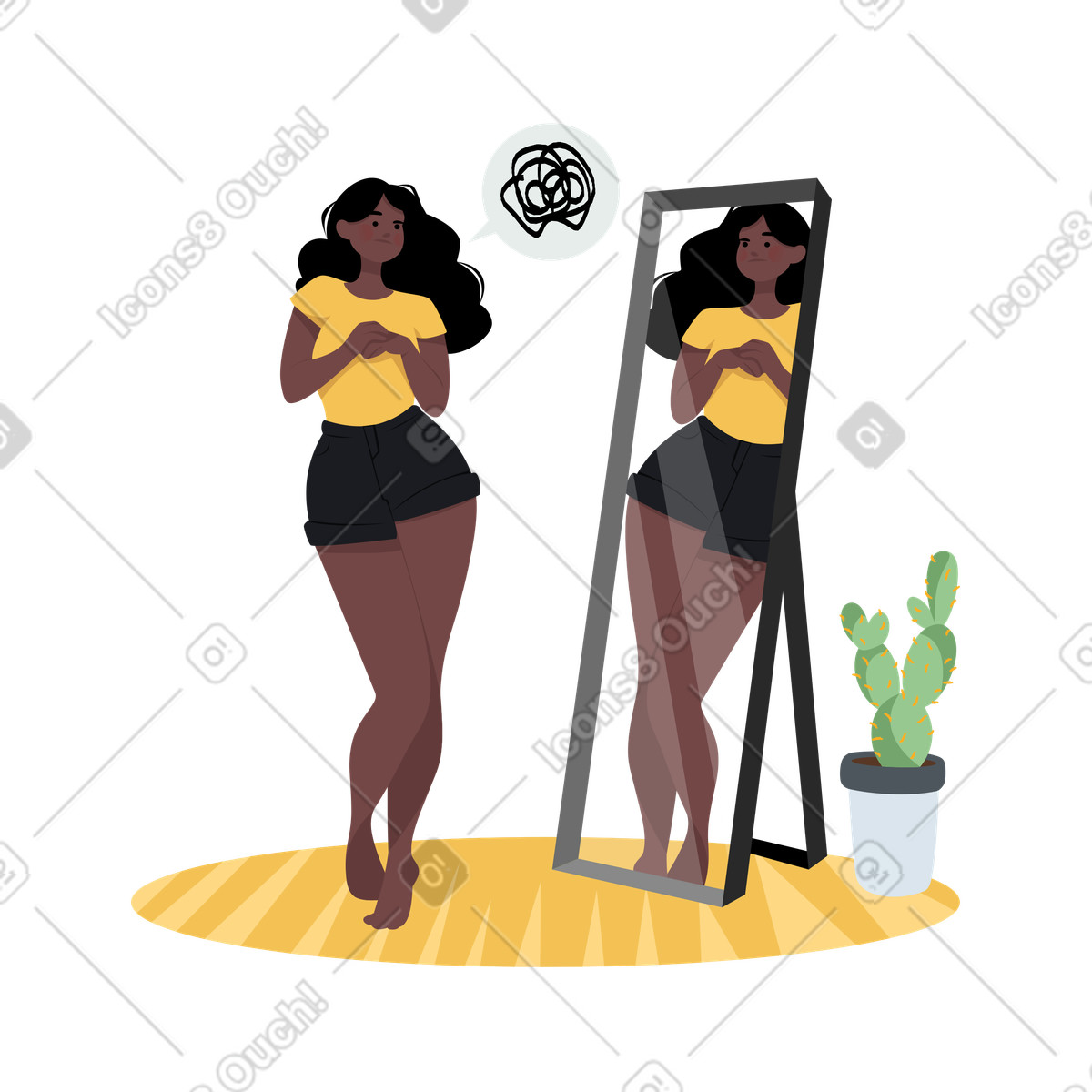Ilustración Reflejo en el espejo de una mujer insatisfecha consigo misma estilo Lagom a descargar PNG y SVG