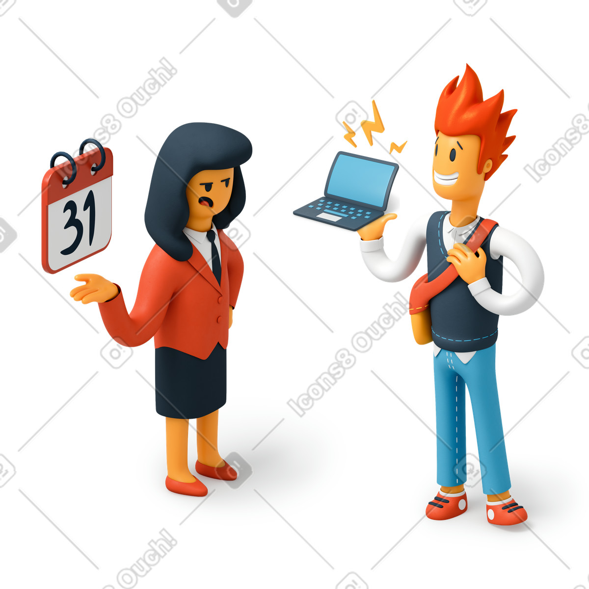 Donna d'affari che ricorda al dipendente con il laptop in mano una scadenza imminente illustrazione stile 3D Flame scarica PNG, SVG