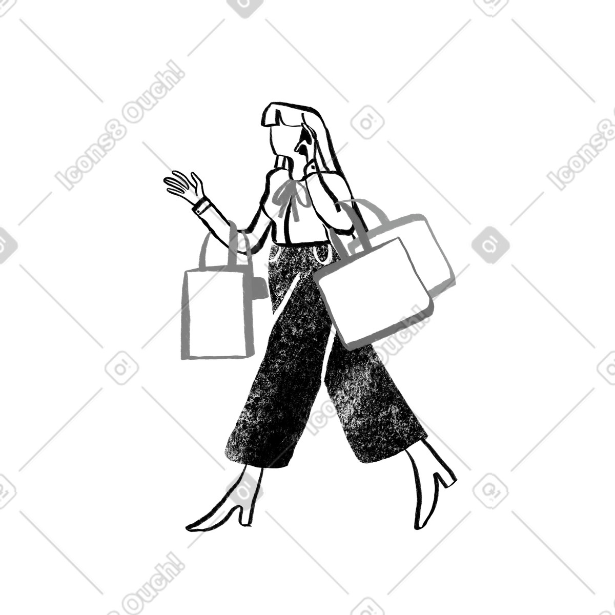 Donna in bianco e nero che cammina con le borse della spesa illustrazione stile Company scarica PNG, SVG