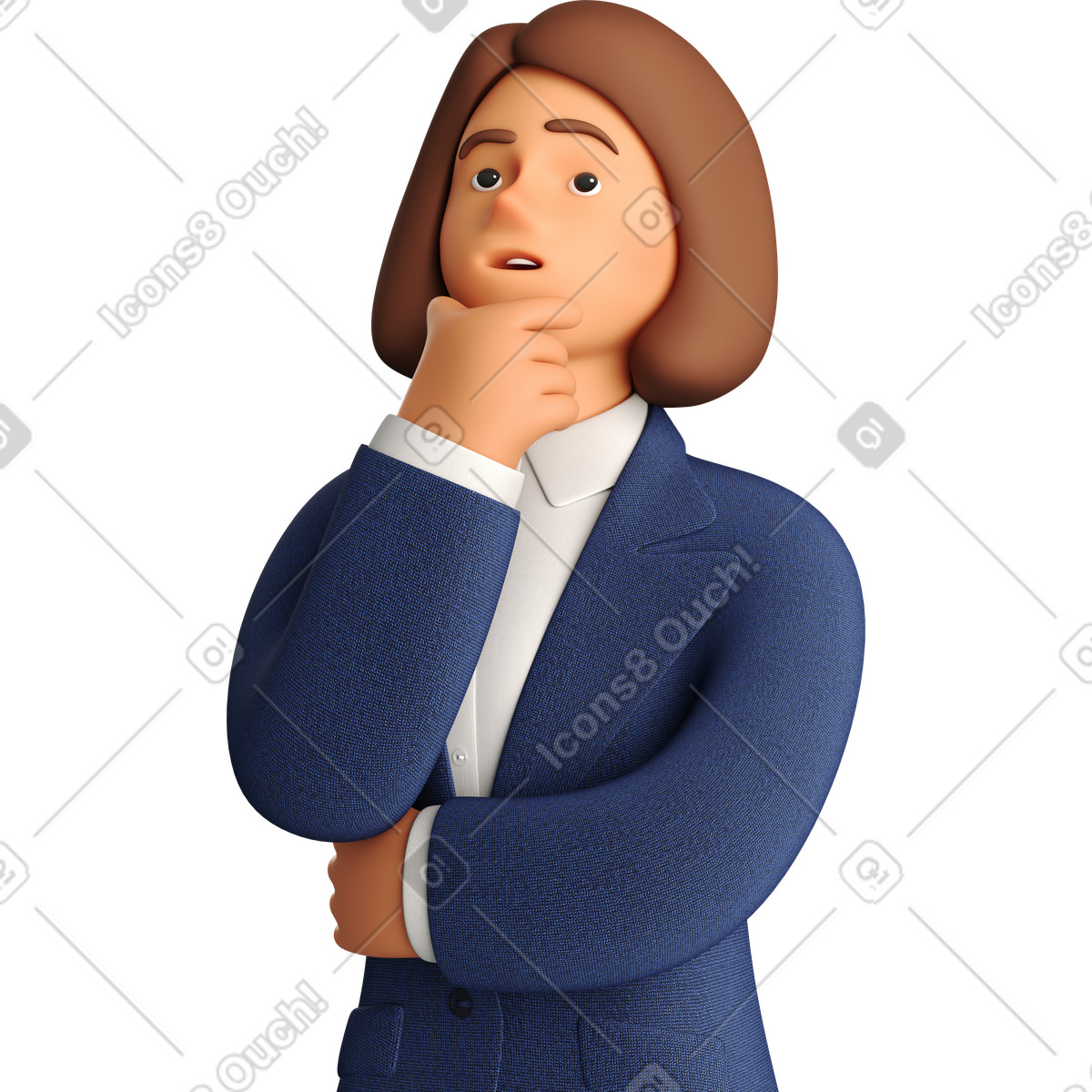 Pondering businesswoman in blue suit looking left side-Illustration im 3D Business-Stil als Download PNG, SVG
