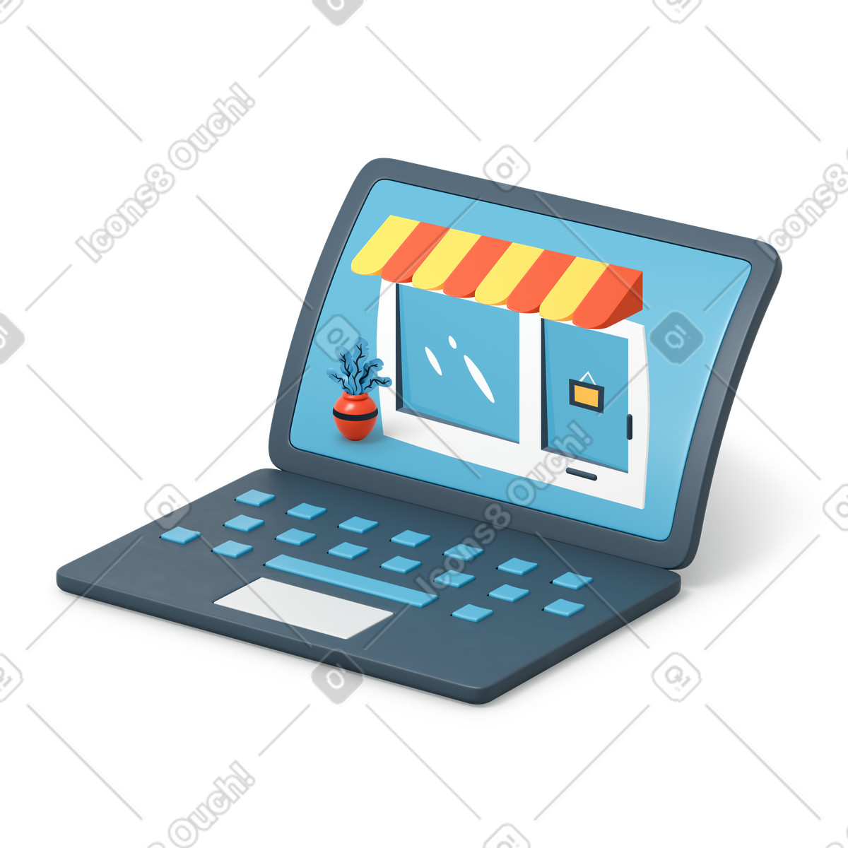 Illustration Boutique en ligne sur écran d'ordinateur portable dans le style 3D Flame à télécharger aux formats PNG, SVG