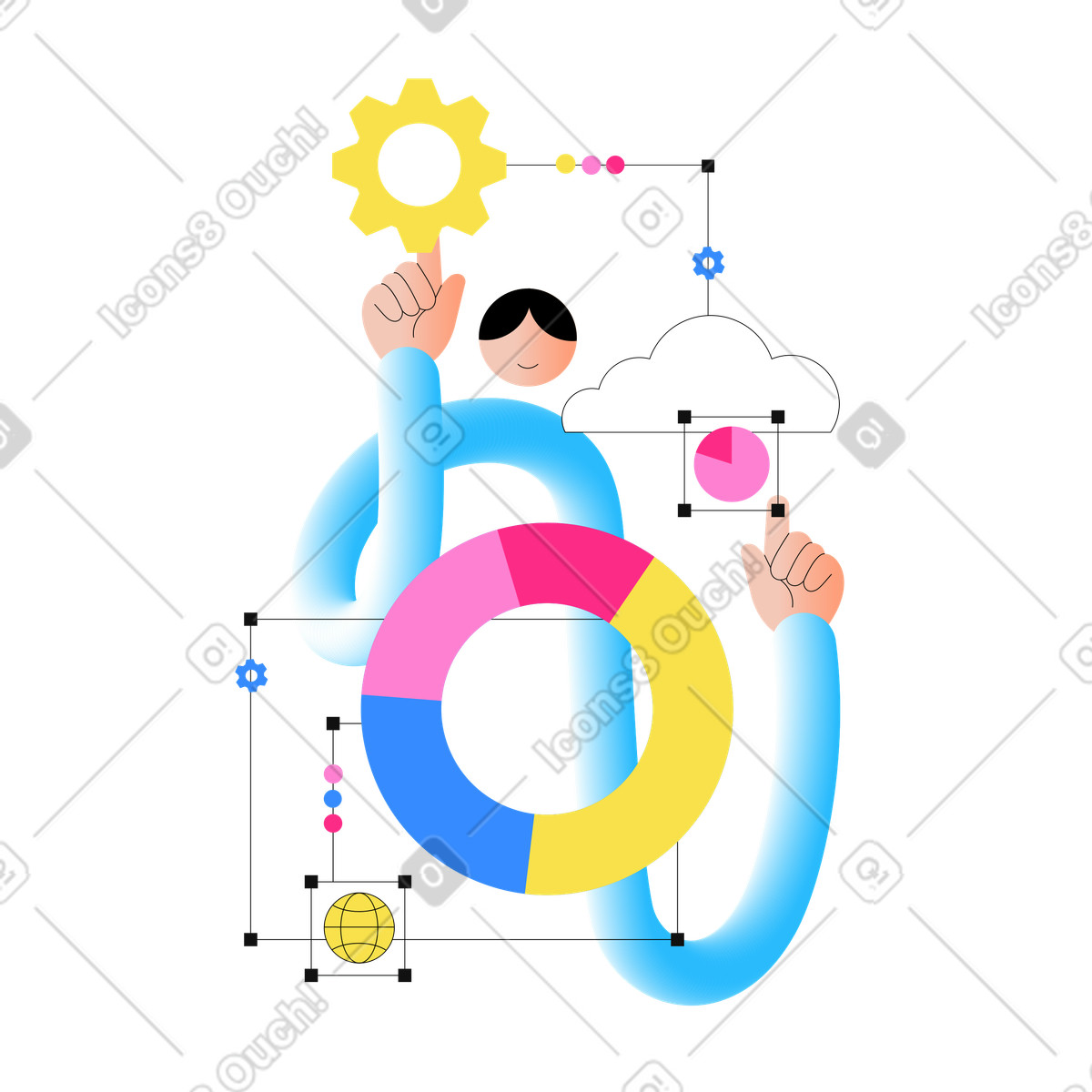Interacting with colorful analytics charts, data visualization and statistics workflow illustration in PNG, SVG