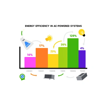 A colorful chart illustrating "energy efficiency" in an AC-powered system. The chart features bars of different heights, each labeled with percentages, representing various components of the system. There are arrows indicating energy flow from the power source to the different components. The background is a light color to ensure clarity, and there are icons depicting an "AC unit," "energy meter," and "light bulb" distributed around the chart to enhance understanding. The title "Energy Efficiency in AC-Powered Systems" is prominently displayed at the top in bold font.