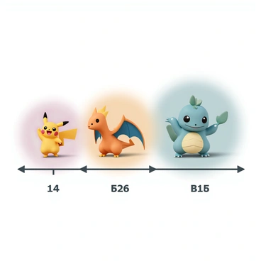 An educational chart displaying various sizes of Pokémon cards. The chart features three different card sizes, each labeled clearly. Each card showcases fun character designs, including a Pikachu, a Charizard, and a Bulbasaur. The Pikachu card is illustrated with bright yellow hues, the Charizard card is depicted with vibrant orange and blue tones, and the Bulbasaur card shows a mix of green and blue shades. Each character is posed dynamically to highlight their unique features, and the background is a simple gradient to keep the focus on the cards.