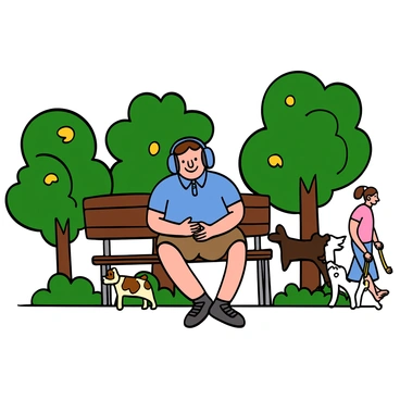 A man with light skin and short brown hair is sitting on a park bench, wearing large headphones. He is casually dressed in a blue polo shirt and khaki shorts. His expression is relaxed and content as he listens to music, with a slight smile on his face. Surrounding him are green trees with lush foliage, and there are patches of sunlight filtering through the leaves. In the background, a few people can be seen walking dogs and enjoying the park atmosphere.
