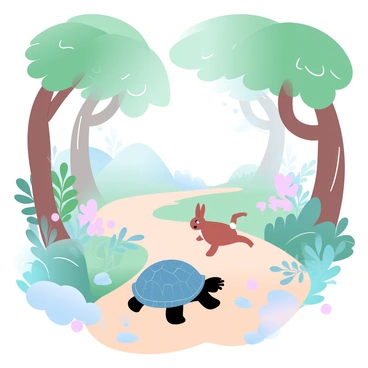 A peaceful forest path winds gently through tall, lush trees with vibrant green leaves. On the path, a tortoise is moving slowly, its textured shell glistening in the dappled sunlight that filters through the branches above. A few small rocks and patches of soft moss are scattered around the tortoise. Ahead on the same path, a hare is bounding quickly, its sleek fur blending with the earthy tones of the forest floor. The background is filled with a variety of ferns and wildflowers, creating a colorful and lively scene. A gentle breeze rustles the leaves, adding a dynamic element to the tranquil setting.