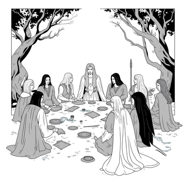 A group of elegant elves is gathered in a circular formation, with a magnificent, tall elven queen, "Galadriel," seated at the center. She has long, flowing silver hair and is adorned in a shimmering dress that catches the light. The elves surrounding her are diverse, showcasing various hairstyles and garments, all intricately designed. Each elf holds a staff or a scroll, emphasizing their roles in the council. 

The backdrop features ancient trees with twisting branches, creating a natural archway that frames the scene. Soft rays of light filter through the leaves, casting a dappled pattern on the ground where the elves sit. The atmosphere is filled with a sense of urgency, as the elves engage in animated discussion about the fate of "Middle-earth." Their expressions range from concern to determination, reflecting the gravity of the topic at hand.