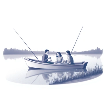 A small boat floats gently on a calm lake. Inside the boat, there are three friends seated comfortably, each holding a fishing rod. The friends are engaged in conversation, with smiles on their faces, creating a relaxed atmosphere. The boat is surrounded by tall grasses along the shore, and the water reflects the peaceful surroundings. The sunlight casts soft shadows, adding depth to the scene. In the distance, there are silhouettes of trees lining the edge of the lake, contributing to the tranquility of the moment.