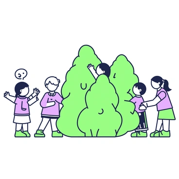 A group of children is playing hide-and-seek in a garden. There are four children, two of whom are hiding among tall, dense bushes with green leaves. One child is peeking out from behind a bush, their face partially obscured by the foliage. The other child is crouched down, trying to remain unseen. In the foreground, another child is counting with their eyes closed, standing near a large tree with a thick trunk. A fourth child is nearby, glancing around in anticipation of finding the hidden friends. The scene captures the excitement and playful tension of the game.