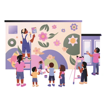 An illustrator is painting a large, vibrant mural on the side of a community center in Sheffield. The mural features a variety of colorful patterns and images, including flowers, abstract shapes, and community symbols. The illustrator has light brown skin and short, curly hair, standing on a ladder to reach the upper sections of the mural. They are wearing a white t-shirt, denim overalls, and a colorful bandana around their head. Nearby, a group of diverse children of various skin tones are watching intently, some holding paintbrushes and small paint pots, eager to help. In the background, the community center is a modest building with large windows and an inviting entrance.