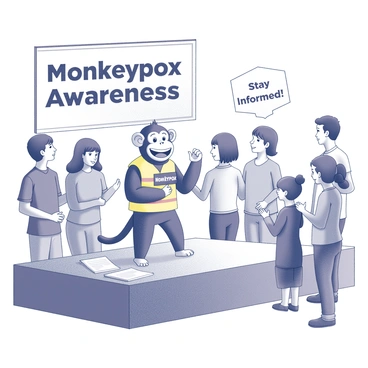 A public safety announcement featuring a friendly mascot encouraging people to stay informed about monkeypox.