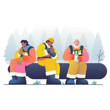 Three tired firefighters are sitting on a large log, taking a break. They are wearing heavy fire-resistant gear, including helmets and gloves. One firefighter, with short black hair, is leaning back against the log, while another, with curly brown hair, is holding a water bottle and looking at the third. The third firefighter, with a shaved head, is wiping sweat from his forehead. Surrounding them is a haze of gray smoke, partially obscuring the dense forest in the background. The ground is covered with scattered leaves and branches, indicating a recent fire. The overall atmosphere captures the exhaustion and determination of the firefighters.