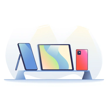 A lineup of various Samsung Galaxy series devices is arranged on a sleek, modern display stand. Each device is positioned at a slight angle to showcase its screen and design. The first device to the left is a Samsung Galaxy S smartphone with a vibrant blue casing. Next to it is a Samsung Galaxy Note with a stylus placed elegantly beside it, showcasing its larger screen. There is also a Samsung Galaxy Z Fold with its screen open, revealing the multitasking capabilities, and a Samsung Galaxy A model in a vivid red hue. Soft spotlight effects illuminate each device, accentuating their features and casting subtle shadows onto the stand. The background is a muted gray, allowing the colors of the devices to stand out prominently.