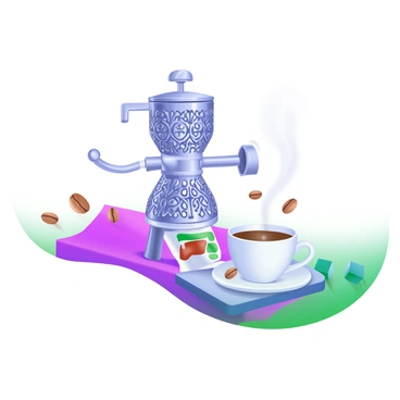 A modern pastel illustration featuring a "vintage-style portafilter" with intricate "retro design" elements. The portafilter is shown prominently in the center, with ornate detailing and a polished finish. Surrounding it are coffee beans scattered across the surface, and a steaming cup of espresso is placed beside it. A soft light casts gentle shadows, enhancing the overall elegant appearance of the scene.