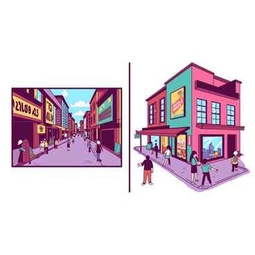A duotone image features a photo on the left side depicting a real-life scene of a bustling city street filled with people and colorful storefronts. The right side displays the cartoon version of the same scene, with exaggerated and simplified forms of the buildings and characters. The cartoon version showcases vibrant, playful colors, while the photo retains a more realistic color scheme. A clear dividing line separates the two images, emphasizing the contrast between the detailed realism of the photo and the whimsical nature of the cartoon illustration.