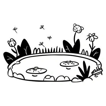 A tranquil pond surrounded by lush greenery, with water lilies gently floating on the surface. The pond's edges are lined with smooth stones and small bushes, creating a natural frame. Soft ripples disturb the reflection of the plants above, and a few dragonflies can be seen hovering above the water. Nearby, there is a small wooden bench, inviting one to sit and admire the view of the peaceful garden setting.