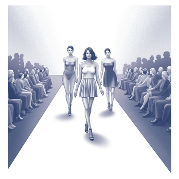 A fashion show catwalk is set in a spacious venue filled with an audience. The runway is sleek and well-lit, extending towards the distance. Several models are strutting confidently down the catwalk in high heels. Each model is wearing a unique outfit that showcases various fashion styles, from elegant gowns to chic ensembles. The models exhibit confident poses, with their heads held high and arms gracefully positioned. The atmosphere is filled with excitement, as flashes of cameras capture the moment. The audience is engaged, watching intently as the models showcase their outfits.