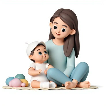 A baby, with soft, round features and bright blue eyes, is gazing lovingly at their mother. The baby has fine, light brown hair peeking out from under a soft white cap. The mother is sitting close by, wearing a light blue shirt and has a gentle smile on her face. Her long brown hair falls gracefully over one shoulder. They are seated on a cozy blanket, surrounded by colorful plush toys. The atmosphere is warm and intimate, highlighting the deep connection between them.