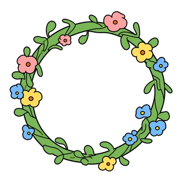 A circular wreath made of intertwined green vines. The wreath is adorned with an array of small, colorful flowers in shades of pink, yellow, and blue. Each flower has rounded petals and a cheerful appearance, creating a whimsical look. The vines weave in and out, providing a lush green backdrop for the flowers. The arrangement is balanced, ensuring that the wreath appears full yet not overcrowded. The overall design is light and playful, capturing the essence of a charming floral decoration.