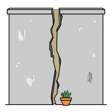 A sturdy wall made of gray concrete with a prominent, jagged crack running vertically through its center. The crack is wide and deep, revealing a small section of insulation material behind it. The wall shows signs of wear, with chipped paint in various shades of white and traces of weathering. The area around the crack is slightly darker, emphasizing the divide. In the lower part of the wall, there is a small potted plant sitting on the floor, adding a touch of life next to the stark appearance of the cracked wall.
