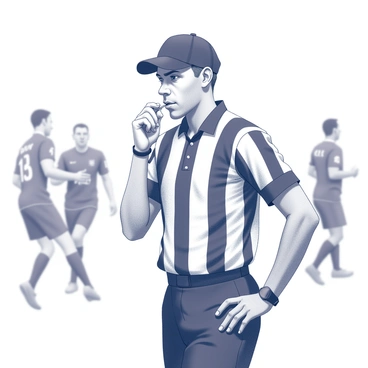 A referee standing on the sidelines of a sports field. The referee is wearing a black and white striped uniform with a cap. He has a serious expression on his face, indicating the importance of the moment. He is holding a whistle up to his lips, preparing to blow it. The background features blurred silhouettes of players in action, highlighting the intensity of the match. The referee's posture is authoritative, and his eyes are focused on the game, capturing the attention of the players and spectators.