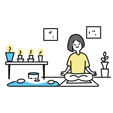 A small room with warm lighting, featuring several lit candles on a wooden table. In the center, a person is sitting cross-legged on a soft rug, dressed in comfortable, loose-fitting clothing. Their eyes are closed, and they have a serene expression while meditating. In front of them, a small water fountain softly trickles water, surrounded by smooth pebbles. The walls are decorated with minimalistic artwork, and a few potted plants add a touch of greenery to the space.