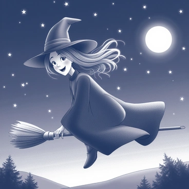 A witch with a pointed hat and flowing robes is riding a broomstick. She has a joyful expression, with her hair trailing behind her in the wind. The night sky is filled with numerous stars scattered across the dark expanse. The moon is visible, casting a soft glow that illuminates the silhouette of the witch. Below, there are hints of treetops and distant hills, enhancing the sense of height and motion as she flies through the night.