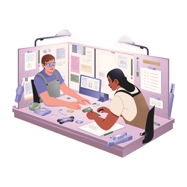 A digital flat illustration depicting two inventors working on a product prototype at a cluttered workbench. One inventor is on the left, with light skin and short brown hair, wearing safety goggles, a blue shirt, and gray overalls. The other inventor is on the right, with medium skin and long curly black hair, wearing a white shirt and brown pants. They are both focused on a small device on the workbench. The workbench is filled with various tools such as wrenches, screwdrivers, and pliers, along with materials like wires and metal sheets scattered around. A notebook and a computer are situated at the back of the bench, feature sketches and notes. Bright overhead lights illuminate the workspace, highlighting the inventors' expressions of concentration.