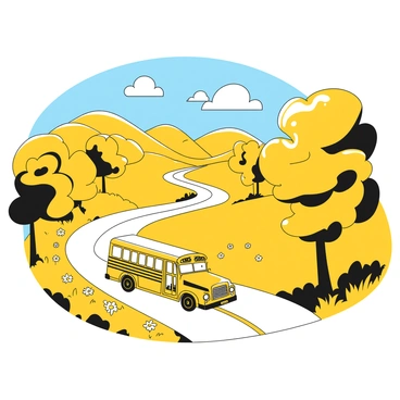 A yellow school bus is traveling along a winding road surrounded by rolling hills in the British countryside. The bus has large windows and a stop sign extended from the side. On either side of the road, lush green fields and patches of wildflowers are visible, complementing the landscape. A few trees with dense foliage are scattered along the roadside, and a clear blue sky with fluffy clouds stretches overhead. The winding road curves gracefully as it leads into the distance.