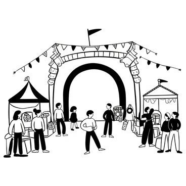 A grand entrance to a festival featuring a large archway adorned with numerous flags fluttering in the air. The archway is decorated with colorful bunting strung along its top. The ground is lined with decorative lanterns leading up to the entrance. There are clusters of people gathered around, engaged in conversation and laughter, with stalls visible on either side selling festive goods. The scene captures the vibrant atmosphere of celebration.