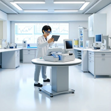 A futuristic medical device with a sleek, metallic design featuring illuminated interfaces and touch controls is placed on a sterile white table. A researcher with short, dark hair, wearing a white lab coat and safety goggles, is examining the device closely. The laboratory is filled with advanced technology, including large digital screens displaying patient data and graphs. Bright, fluorescent lighting highlights the clean lines of the modern architecture. Various medical instruments and supplies are neatly arranged on nearby counters, contributing to the high-tech atmosphere.