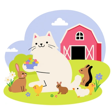 A ragdoll cat with fluffy fur sits contentedly on a grassy patch of a sunny farm. The cat is holding a bowl filled with colorful kibble, surrounded by a variety of small animals, including a cheerful brown bunny, a couple of playful chicks, and a curious squirrel. In the background, a red barn stands prominently, with white trim and a green roof, under a clear blue sky filled with a few fluffy white clouds. Wildflowers bloom around the scene, adding splashes of color to the farm setting.
