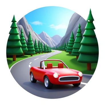 A convertible car in bright red color is navigating a winding mountain road. The car has its top down, and the interior shows sleek leather seats. On both sides of the road, tall pine trees stretch towards the sky, their green needles contrasting against the blue sky. The mountain landscape in the background features steep cliffs and rocky outcrops, while patches of sunlight break through the trees, illuminating sections of the road ahead.