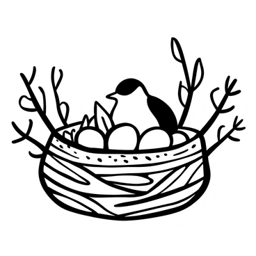 A small bird nestling comfortably in a round nest made of twigs and grass. The nest is situated among branches, surrounded by leaves. Some feathers are scattered inside the nest. A few delicate eggs are visible among the twigs, adding to the scene of safety. The overall composition conveys a feeling of security and warmth within the natural setting.