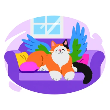 A fluffy cat with a mix of colors, including orange, white, and black patches, comfortably lounges on a plush, lavender couch. This cat has vibrant, feathered bird wings that are a bright blue with hints of green, extending out from its sides. The wings are slightly spread out, showcasing their intricate feather patterns. The cat appears relaxed, with its eyes closed and a content expression on its face. Sunlight streams through a nearby window, casting soft shadows on the couch. A couple of colorful throw pillows are scattered around, adding to the cozy atmosphere.