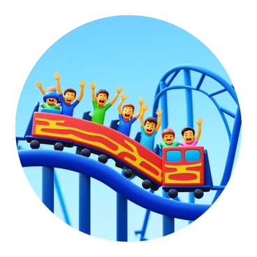 A rollercoaster with tall, twisting tracks descending rapidly. The train is filled with excited passengers, their arms raised high, gripping the safety bars. The expressions on their faces show a mix of exhilaration and thrill. The coaster's cars are brightly colored, with vibrant designs that catch the eye. In the background, a clear blue sky contrasts with the vibrant colors of the amusement park.