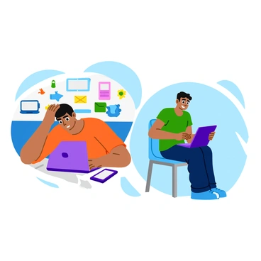 A split-screen illustration featuring two contrasting scenes. On the left, a person is depicted sitting at a desk with a laptop, their neck hunched forward and shoulders tense. They are surrounded by digital devices, such as a smartphone and a tablet, with arrows indicating strain on the neck. On the right, a person is shown practicing good posture while using a tablet, sitting upright with their head aligned over their spine. This individual has a relaxed expression, showcasing a healthy neck position. The background of each side highlights the difference in environments, with cluttered electronics on the left and a clean, organized space on the right.