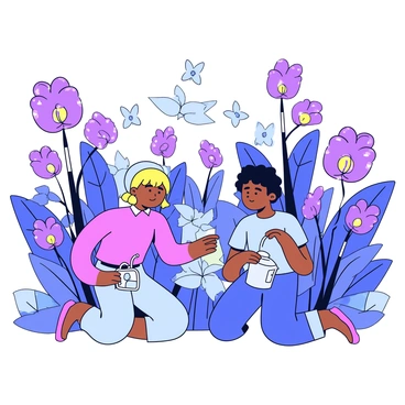 A scene in an enchanted garden featuring two gardeners actively tending to various magical plants. One gardener is kneeling beside a vibrant flower with glowing petals, while the other is holding a watering can that sparkles with light. The plants exhibit unusual colors, such as purple and blue, and some have swirling patterns on their leaves. In the background, a hidden path begins to emerge from the dense foliage, illuminated by the soft glow of the magical plants. The gardeners are surrounded by whimsical butterflies fluttering around, adding to the enchanting atmosphere.