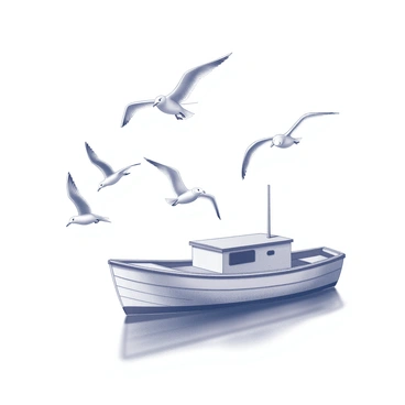 A small fishing boat floats gently on a calm ocean. The boat is wooden, with a simple design, and features a single mast. Surrounding the boat is a flock of seagulls, their wings outstretched as they glide above the water. The seagulls are actively searching for mackerel, some diving down with their beaks pointed toward the surface of the ocean. The water is relatively still, reflecting the boat and the birds above, creating a tranquil scene.