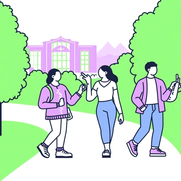 A group of students is walking along a path in a picturesque Canadian campus landscape. They are carrying various art materials, including sketchbooks, paint tubes, and brushes. The students are dressed in casual clothing suitable for a day outdoors. Surrounding them are trees with dense foliage and expansive grassy areas, creating a vibrant and inviting atmosphere. In the background, there is a glimpse of a historic building with large windows and an elegant facade. The students are engaged in conversation, with one student pointing towards a view of the distant mountains.