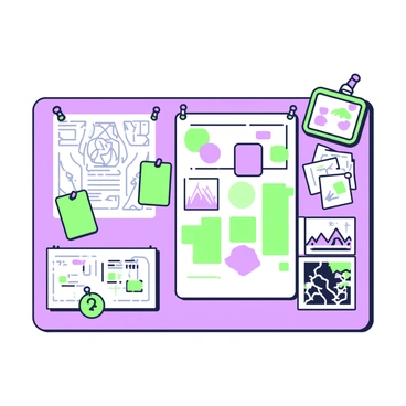 A concept board is displayed on a wall, showcasing a variety of sketches, color swatches, and inspirational images. On the left side, several sketches are pinned, depicting different design ideas with intricate lines and details. Adjacent to the sketches, there are organized color swatches in various shades of green and purple laid out neatly. On the right side, a selection of inspirational images is attached, featuring landscapes, patterns, and objects that evoke creativity. The board is filled with a sense of organized chaos, with push pins holding everything in place, while the background adds to the focus on the concept board itself.