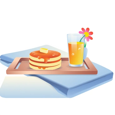 A wooden tray is placed on a cozy bed with soft, fluffy white linens. On the tray, there are three golden-brown pancakes stacked neatly, drizzled with maple syrup and garnished with a pat of butter melting on top. Beside the pancakes, there is a tall glass of freshly squeezed orange juice, condensation glistening on its surface. A small vase is positioned next to the juice, containing a vibrant single flower with bright petals, adding a touch of color to the scene. The bed has a plush light blue blanket folded at the foot, complementing the warm tones of the food on the tray.
