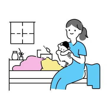 A parent sitting on a hospital bed, gently cradling their newborn in their arms. The parent is wearing a light blue hospital gown, and their hair is tied back. The newborn, wrapped in soft, warm blankets, has a tiny cap on its head. The hospital bed is neatly made, with white sheets and additional colorful blankets draped over the sides. A small bedside table holds a couple of personal items, such as a water bottle and a small flower vase. Natural light enters through a nearby window, softly illuminating the scene.