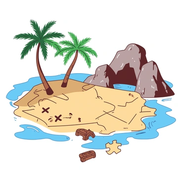 A duotone jigsaw puzzle features an adventure island scene. The puzzle showcases a treasure map laid out across the surface, marked with various 'X' symbols indicating hidden treasures. On one side of the island, several tall palm trees with green fronds sway gently. In the background, there are rocky formations concealing hidden caves with dark entrances. The overall composition presents an engaging and exciting atmosphere of exploration and discovery.